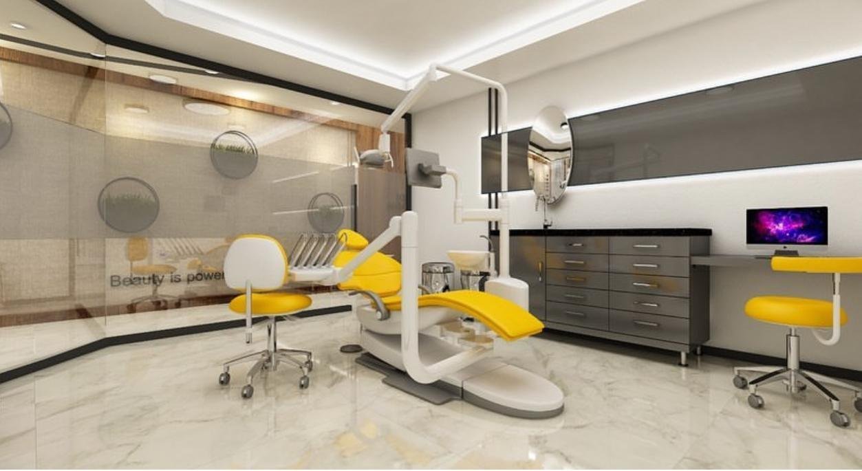 Illustrative render of a modern dental treatment room
