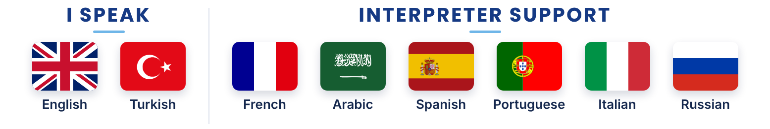 Languages: English and Turkish spoken directly; interpreter support in French, Arabic, Spanish, Portuguese, Italian, and Russian