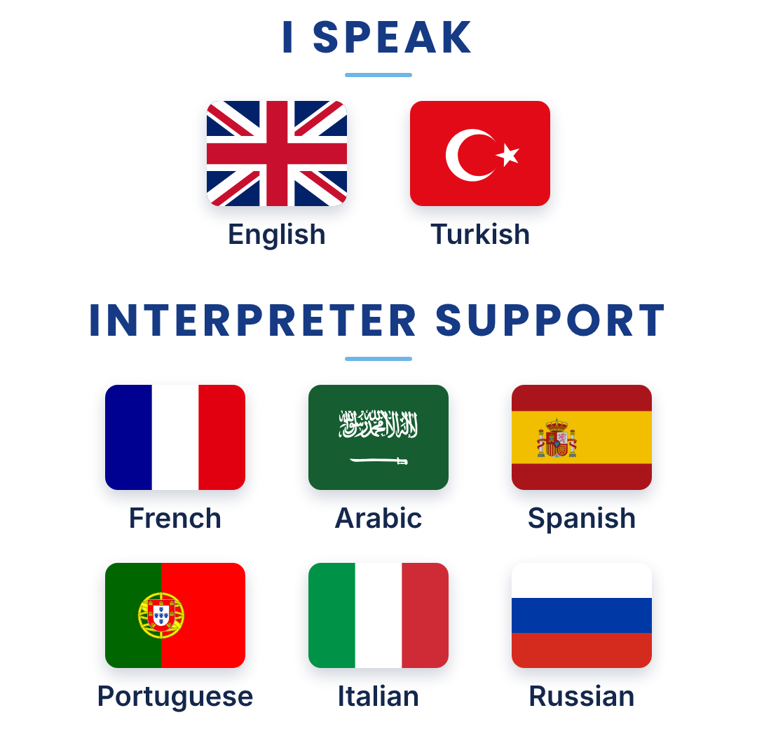 Languages: English and Turkish spoken directly; interpreter support in French, Arabic, Spanish, Portuguese, Italian, and Russian